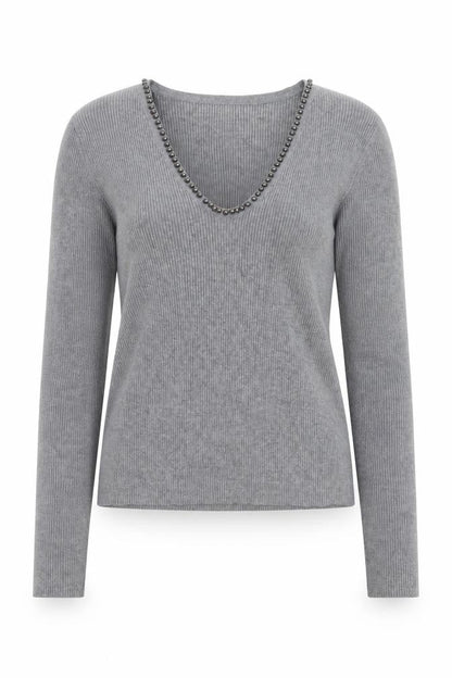 Marks & Spencer Women’s Grey Beaded V-Neck Knit Jumper Medium