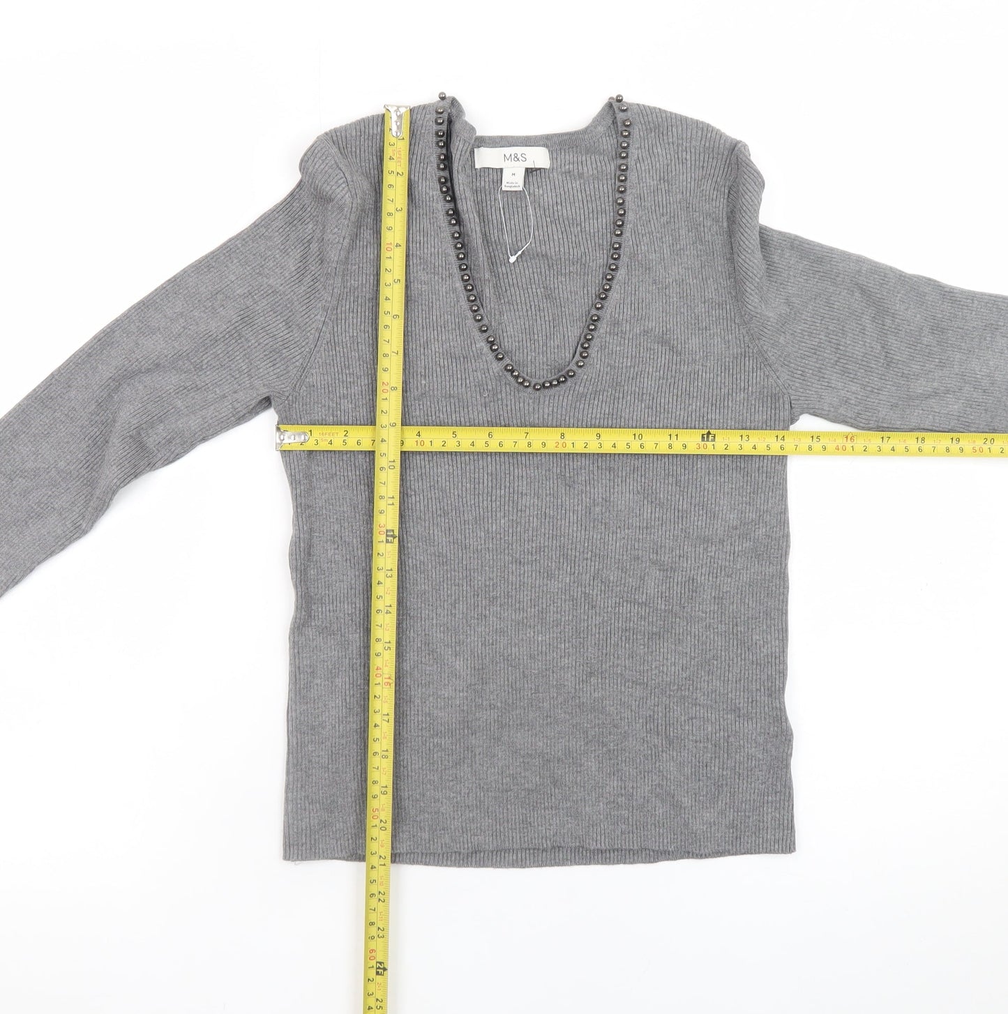 Marks and Spencer Women’s Grey Beaded V-Neck Knit Jumper Medium