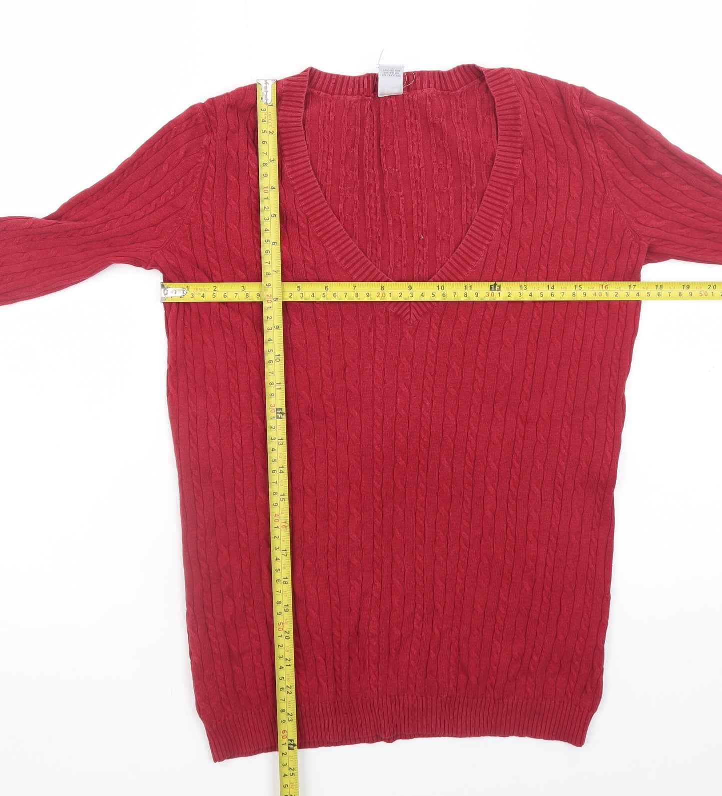 GAP Women Red V-Neck Cable-Knit Cotton Blend Jumper Size S