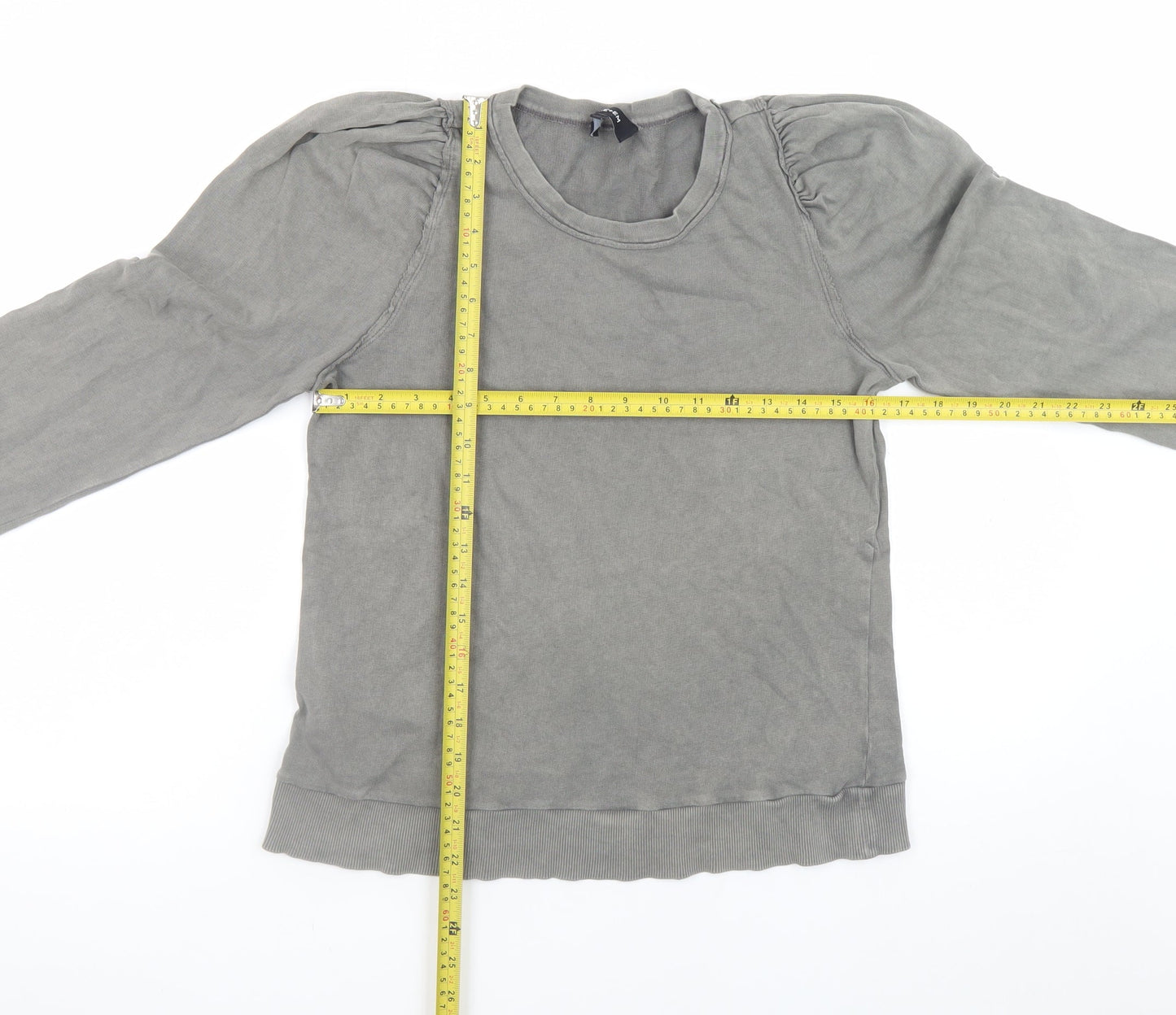 ME+EM Women Grey Cotton Crew Neck Puff Sleeve Sweatshirt Size 10