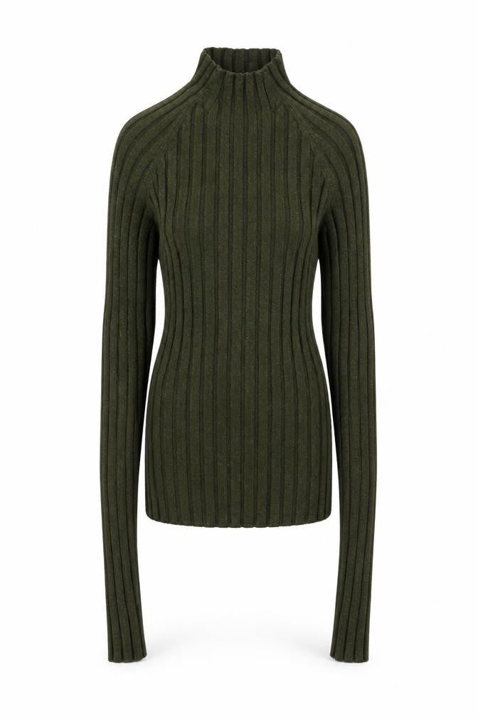 Mango Women's Green Ribbed Knit Long Sleeve Mock Neck Top Size S