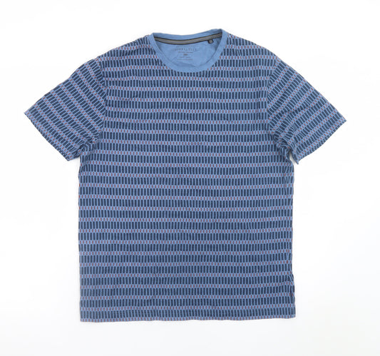 Steel & Jelly Men's Blue Geometric Crew Neck Cotton T-Shirt M