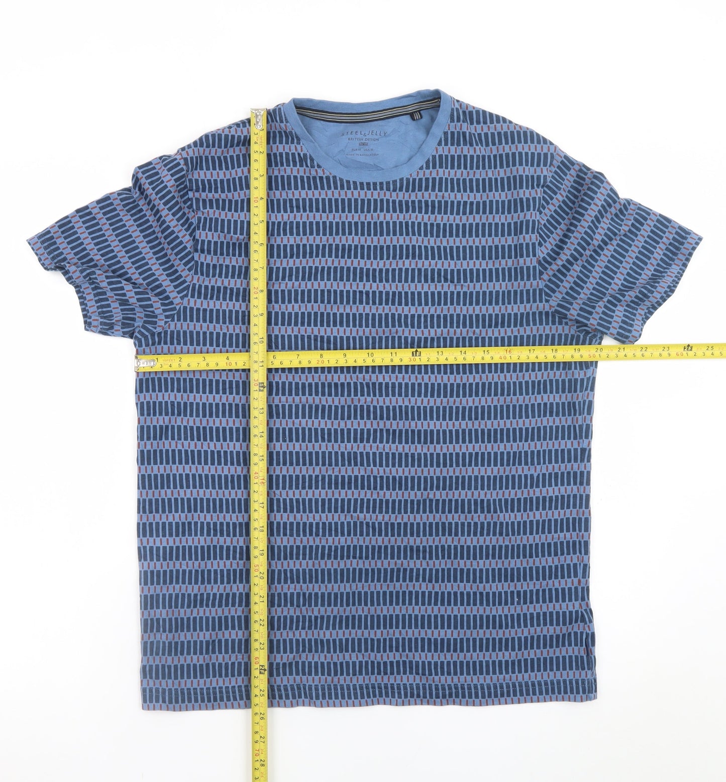 Steel & Jelly Men's Blue Geometric Crew Neck Cotton T-Shirt M