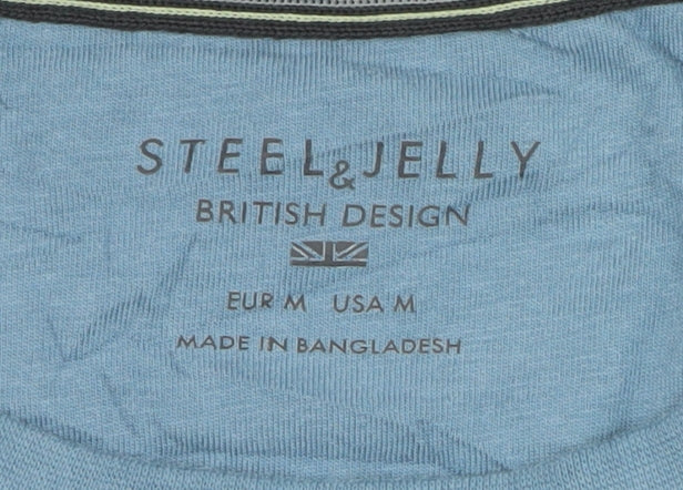 Steel & Jelly Men's Blue Geometric Crew Neck Cotton T-Shirt M