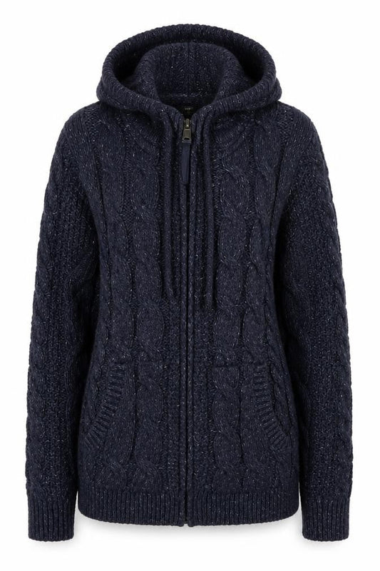 FatFace Womens Blue Cable-Knit Hooded Full Zip Jumper Size 8