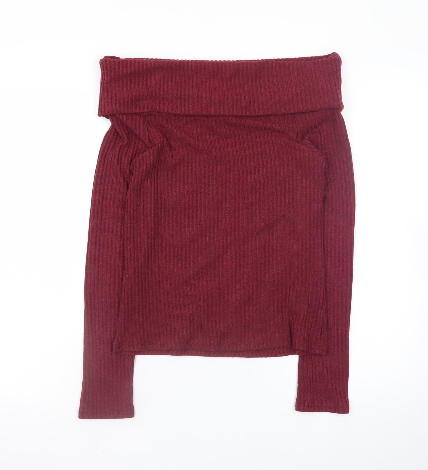 New Look Women's Burgundy Off Shoulder Ribbed Jumper Size 12