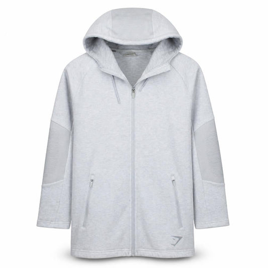 Front view of Gymshark Men’s Grey Full Zip Athletic Hoodie, size S