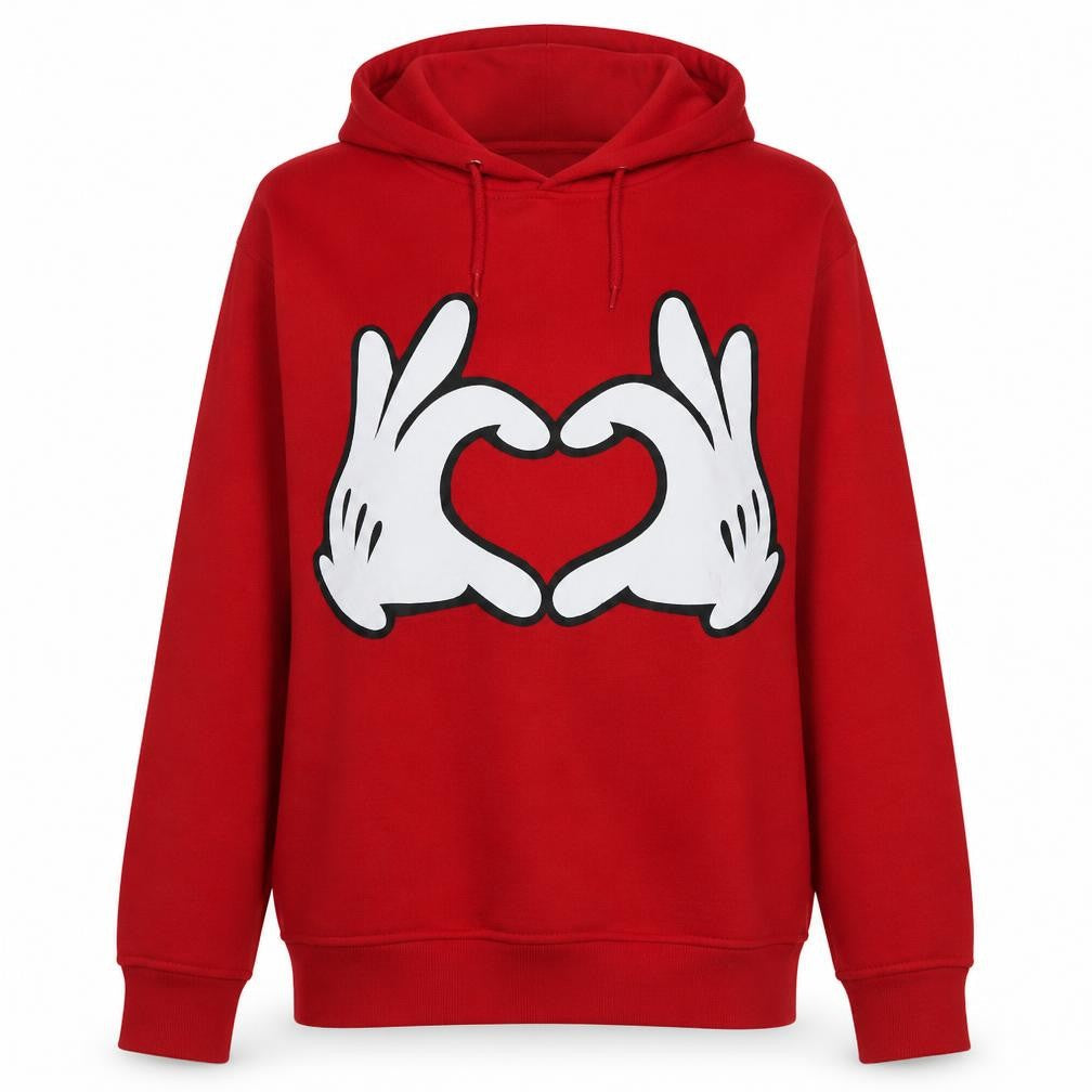 Disney Women's Red Hoodie Medium Pullover Heart Hands Love Graphic