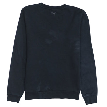 Close-up detail of Puma boys’ black crew neck graphic logo pullover sweatshirt 14 years