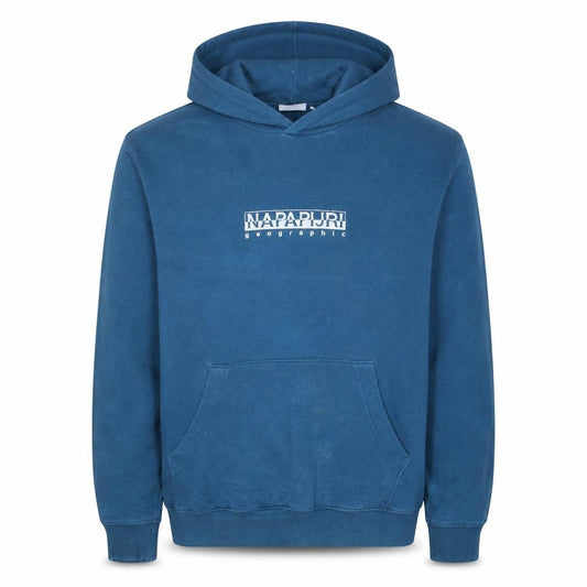 Front view of Napapijri Men's Blue Pullover Hoodie, size S, Logo Graphic Cotton