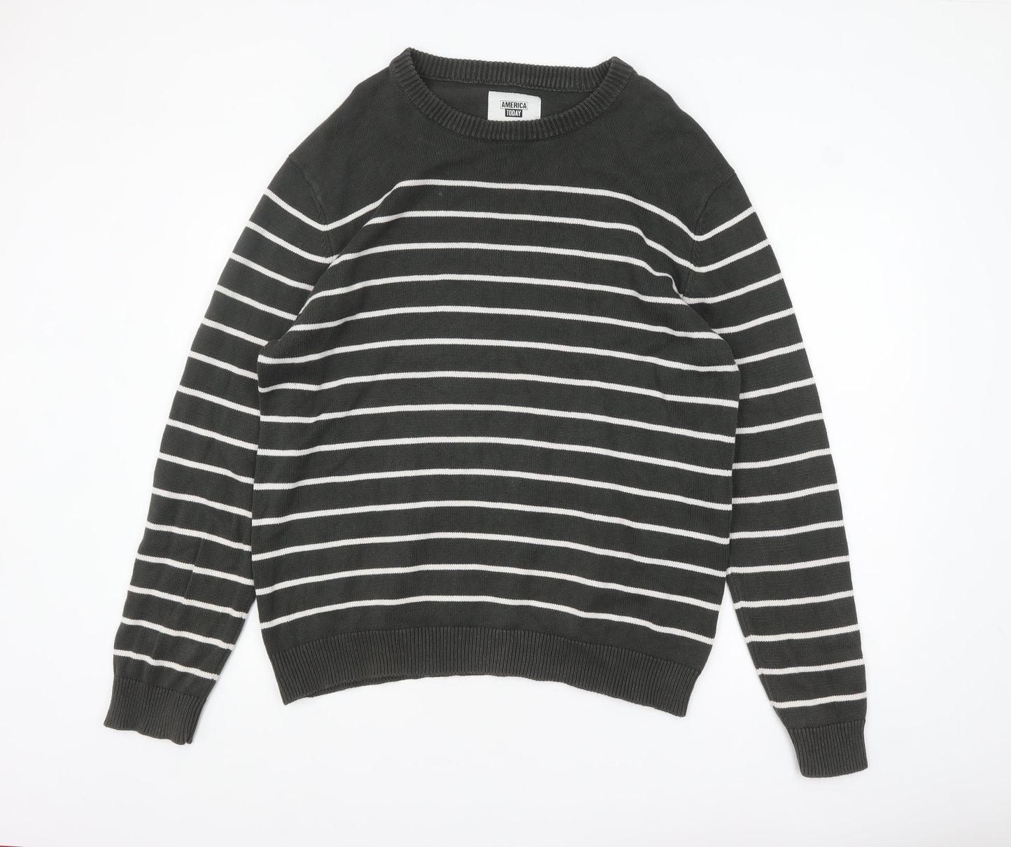 America Today Mens Grey Striped Cotton Crew Neck Jumper 2XL
