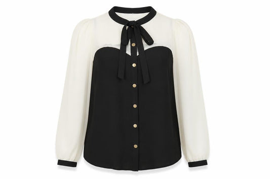Front view of Atmosphere Women Black & White Bow Neck Chiffon Blouse UK 10