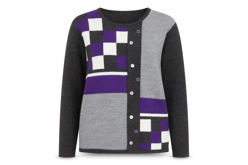 Autonomy Women's Grey Purple Geometric Button Cardigan M