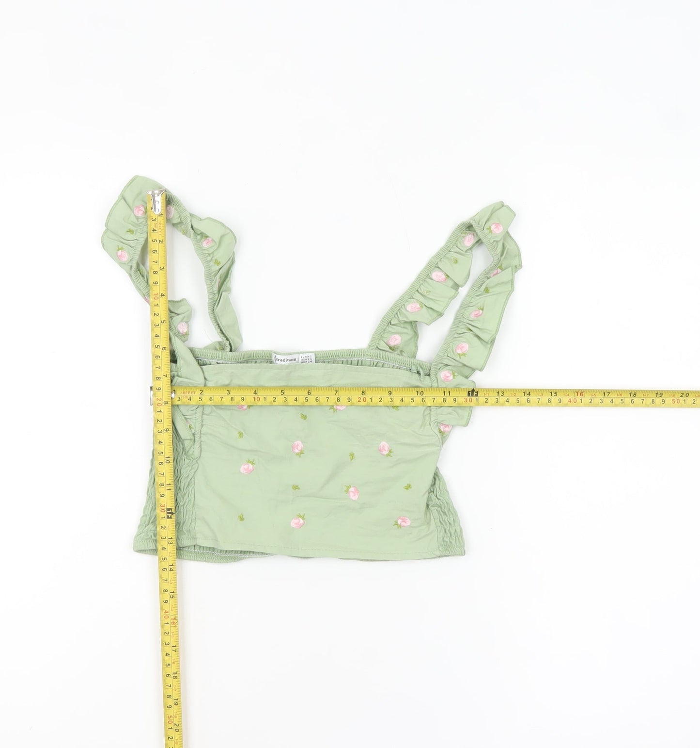 Stradivarius Women Green Floral Embroidered Ruffle Strap Camisole Tank Top XS