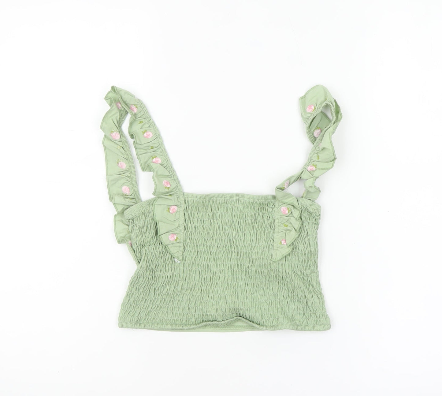 Stradivarius Women Green Floral Embroidered Ruffle Strap Camisole Tank Top XS