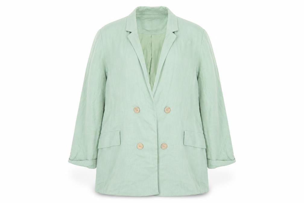 Stradivarius Women Green Double-Breasted Blazer XL Linen Blend