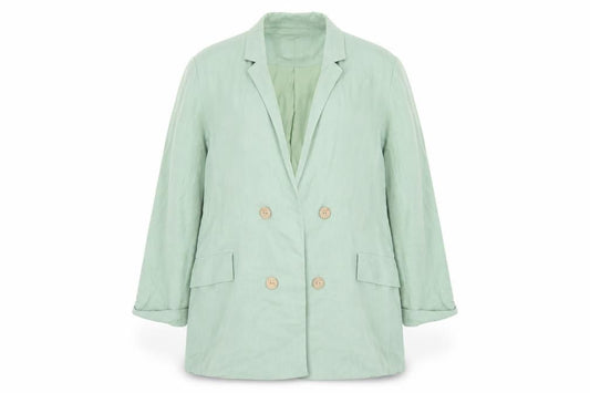 Front view of Stradivarius Women Green Double-Breasted Blazer XL Linen Blend