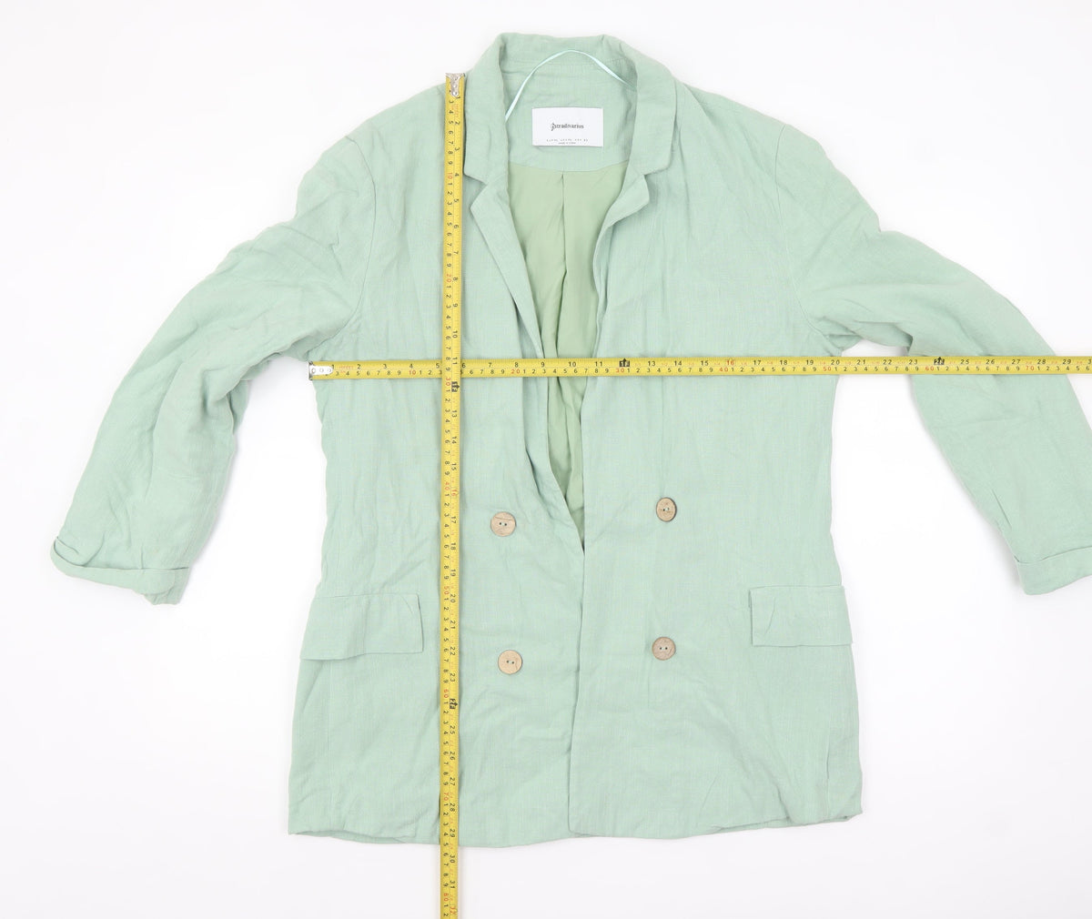 Stradivarius Women Green Double-Breasted Blazer XL Linen Blend