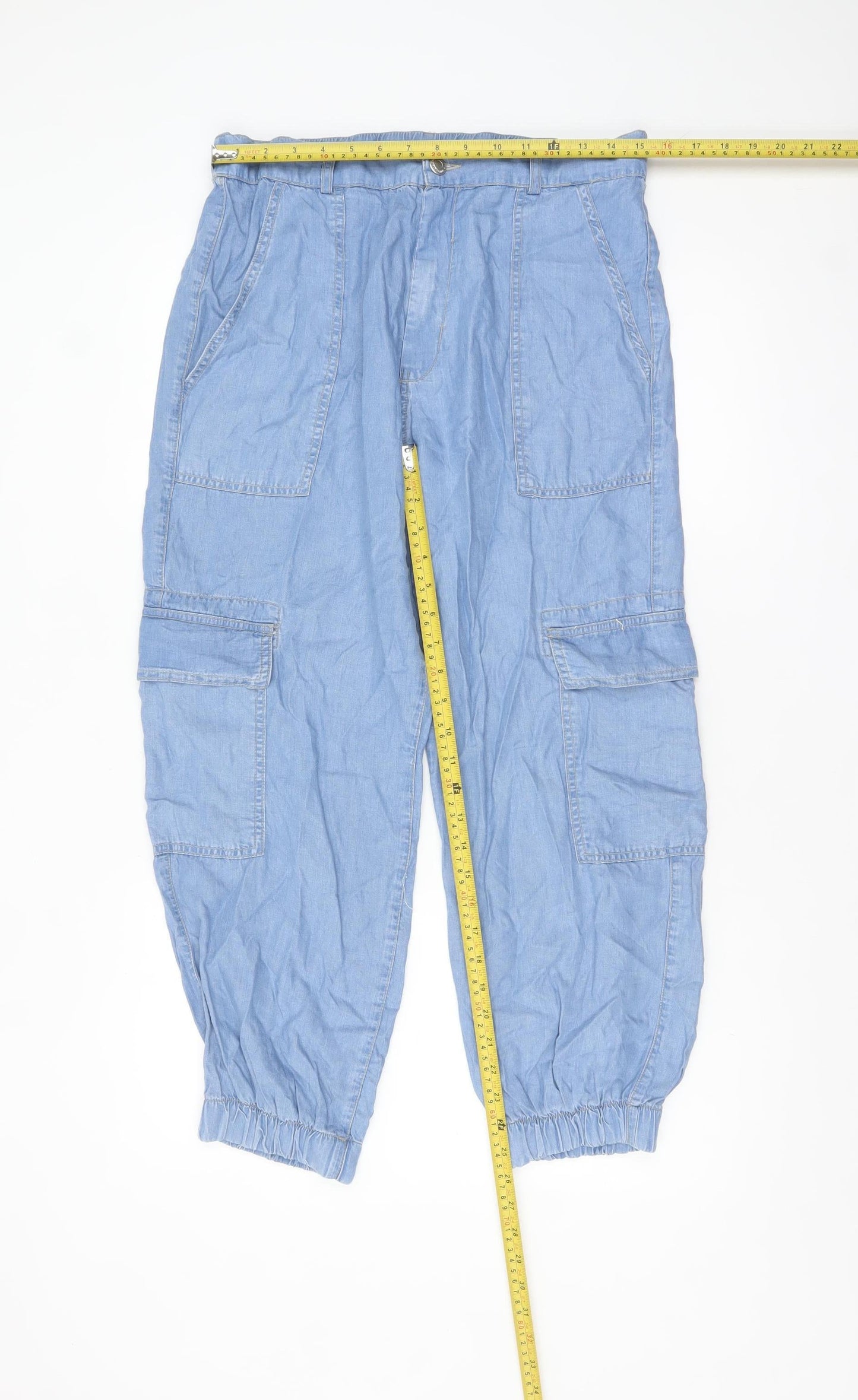 Stradivarius Womens Blue Cotton Cargo Trousers XL Relaxed Fit