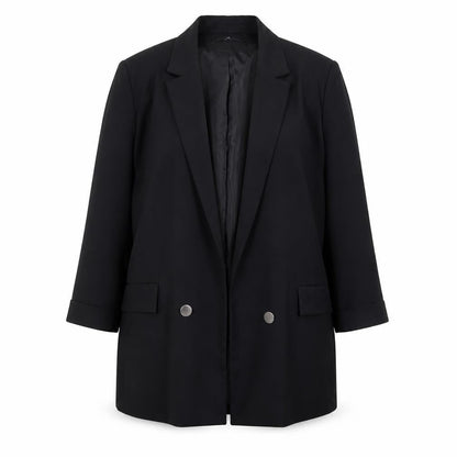 Front view of Stradivarius Women Black XL Double-Breasted Blazer Jacket