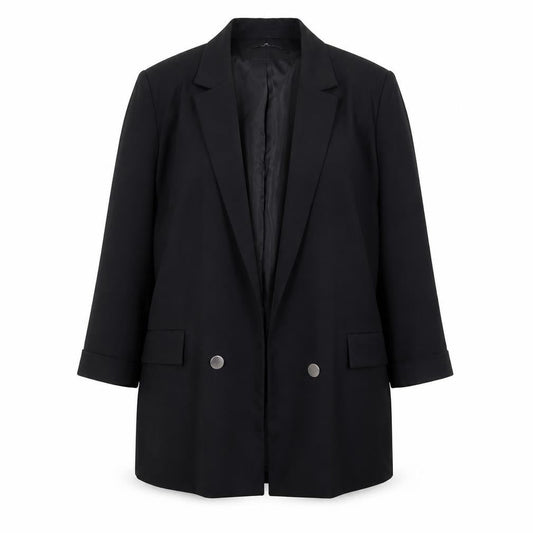 Front view of Stradivarius Women Black XL Double-Breasted Blazer Jacket