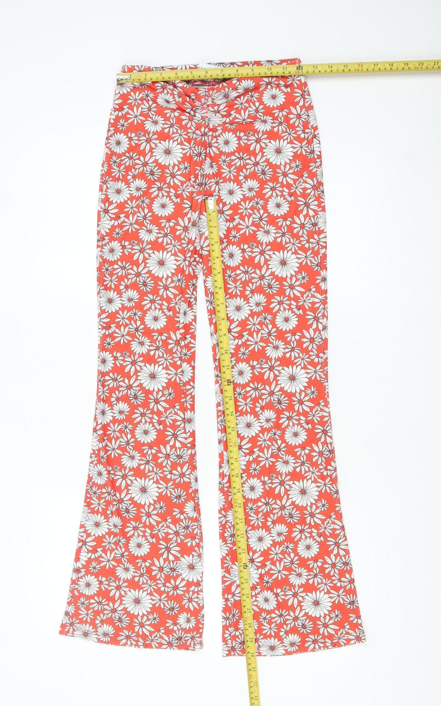 Bershka Womens Orange Floral Flared Trousers Size 8