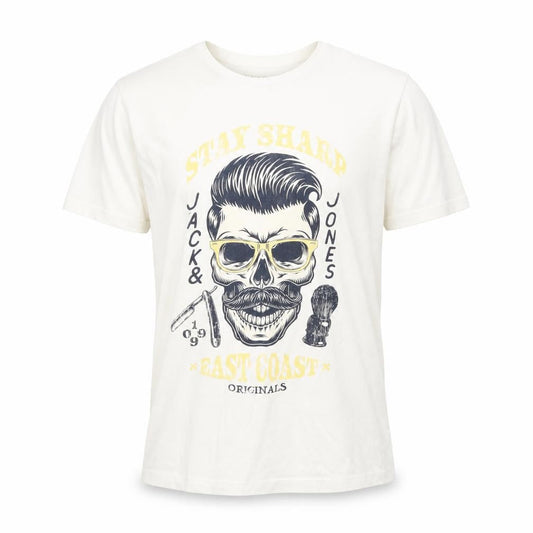 Front view of Jack & Jones Originals Men's White Graphic Skull Print Cotton T-Shirt, size S