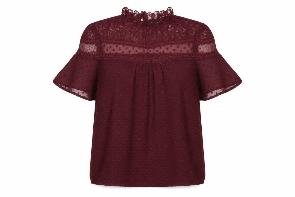 New Look Women’s Red Lace High Neck Short Sleeve Blouse Size 6