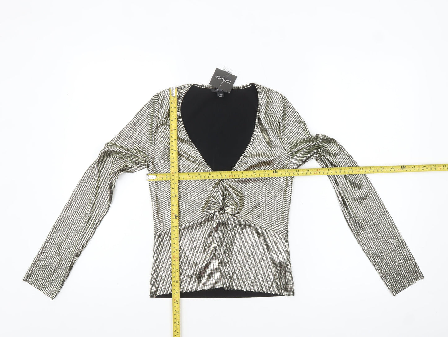 Topshop Womens Gold Metallic Wrap Blouse Size 4 Long Sleeve Party Top