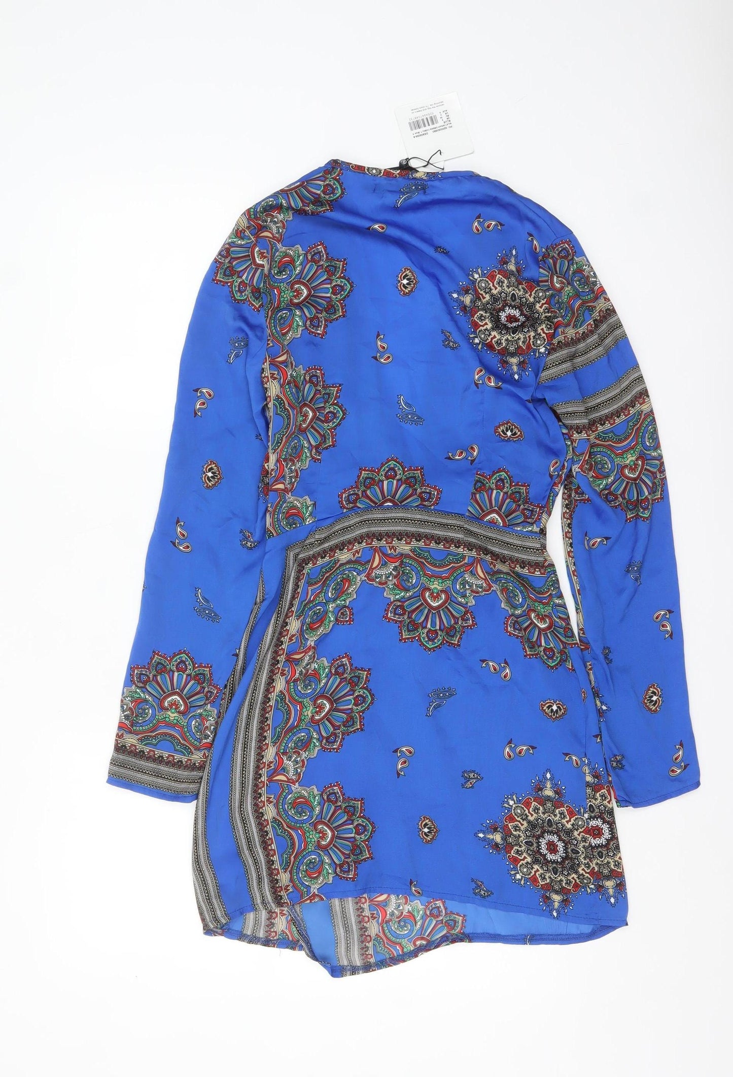 Motel Women Blue Paisley Wrap Dress UK 6 Long Sleeve Boho Style
