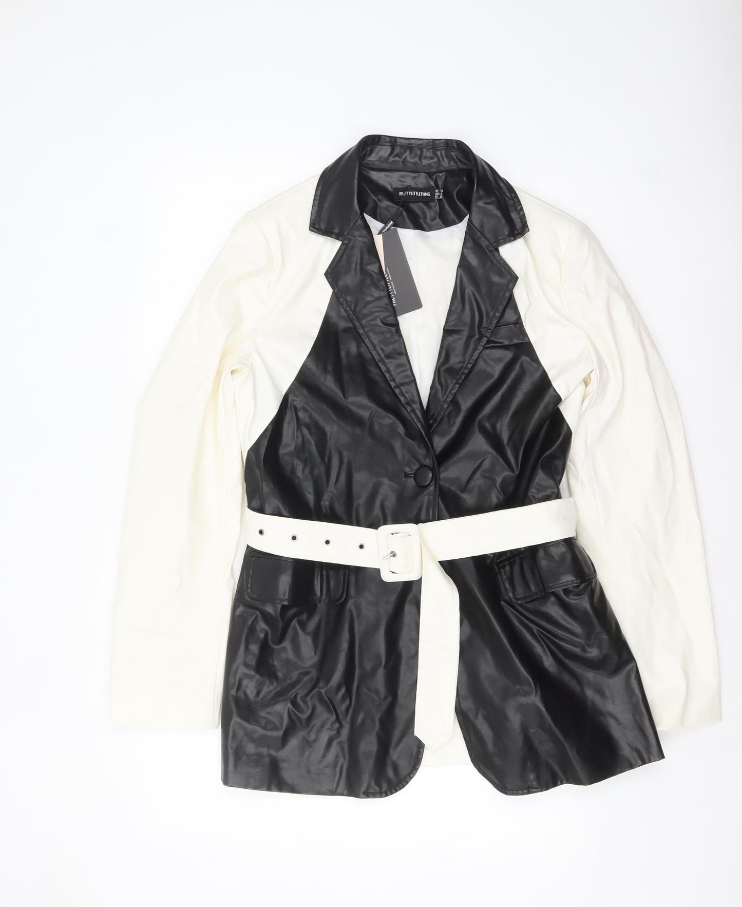 PrettyLittleThing Women's Black White Faux Leather Belted Blazer UK 10