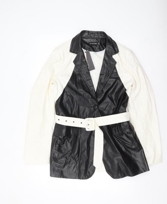 PrettyLittleThing Women's Black White Faux Leather Belted Blazer UK 10