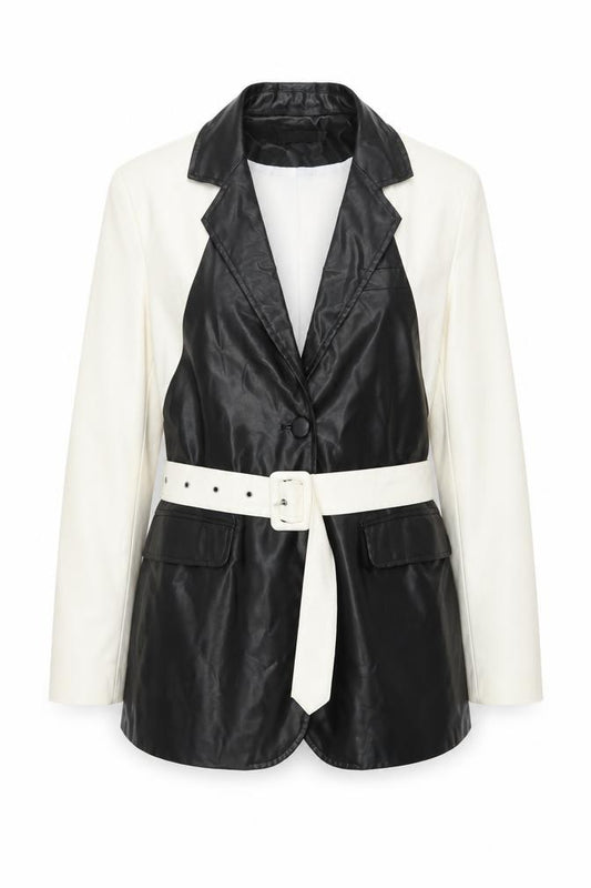 PrettyLittleThing Women's Black White Faux Leather Belted Blazer UK 10