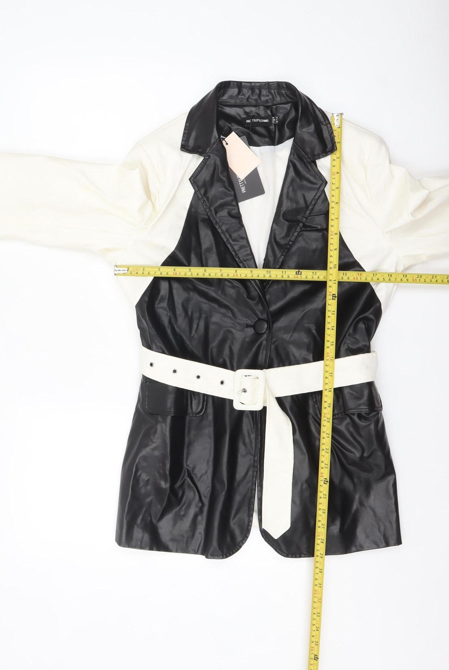 PrettyLittleThing Women's Black White Faux Leather Belted Blazer UK 10