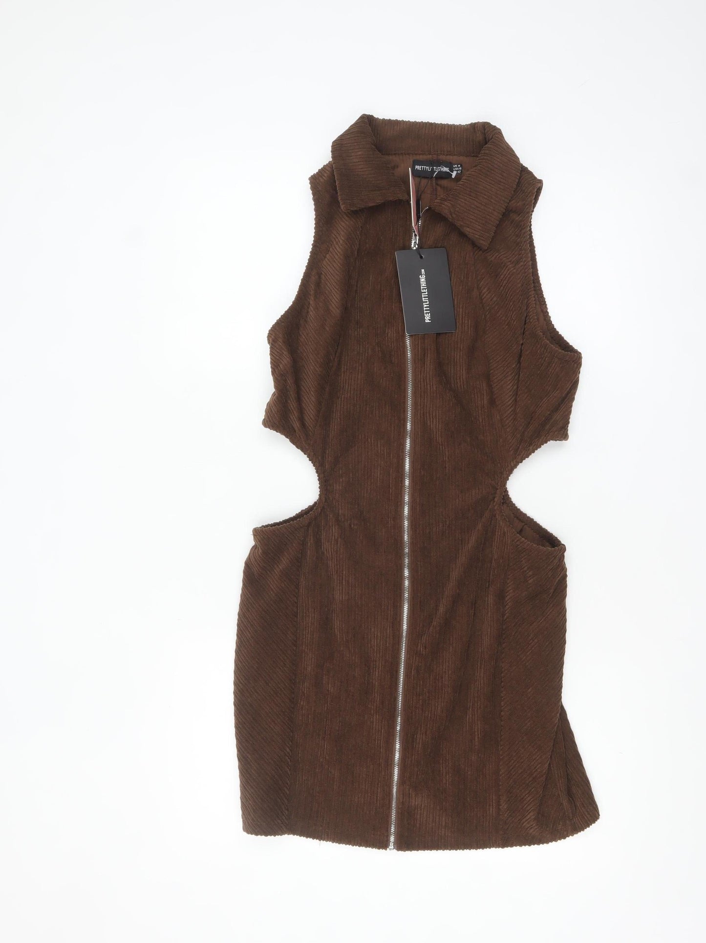 PrettyLittleThing Women Brown Corduroy Sleeveless Collared Bodycon Mini Dress Size 14