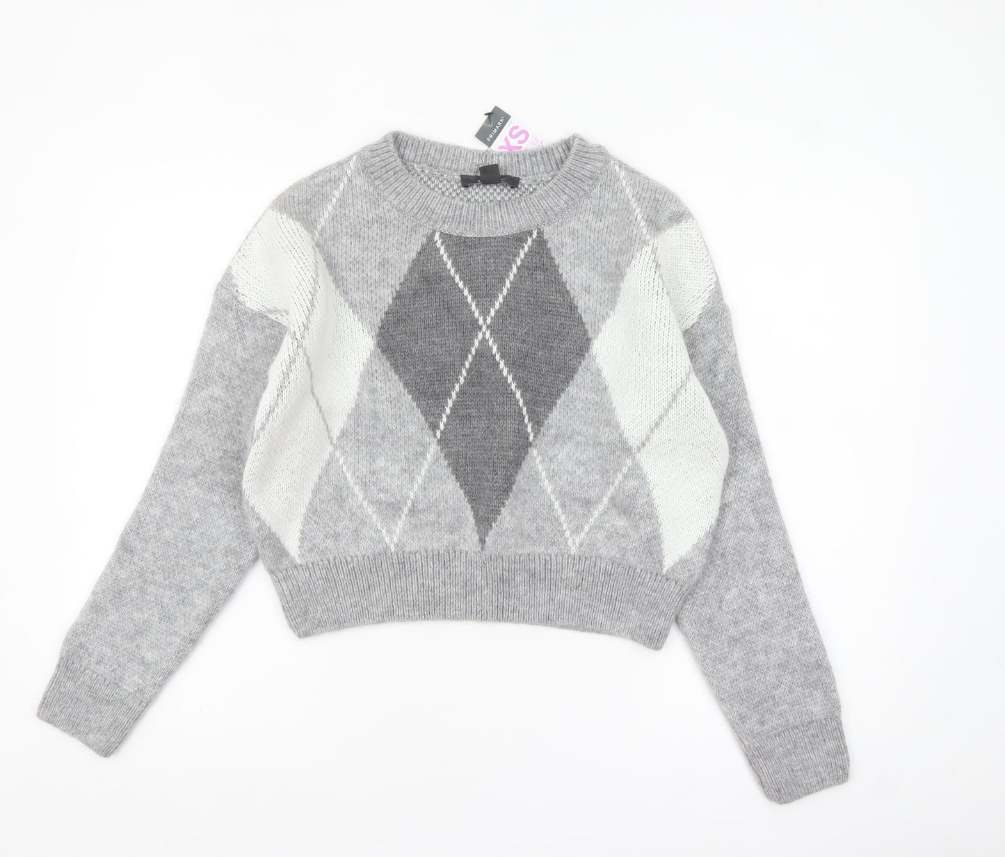 Primark Women’s Grey Argyle Knit Crew Neck Jumper XS