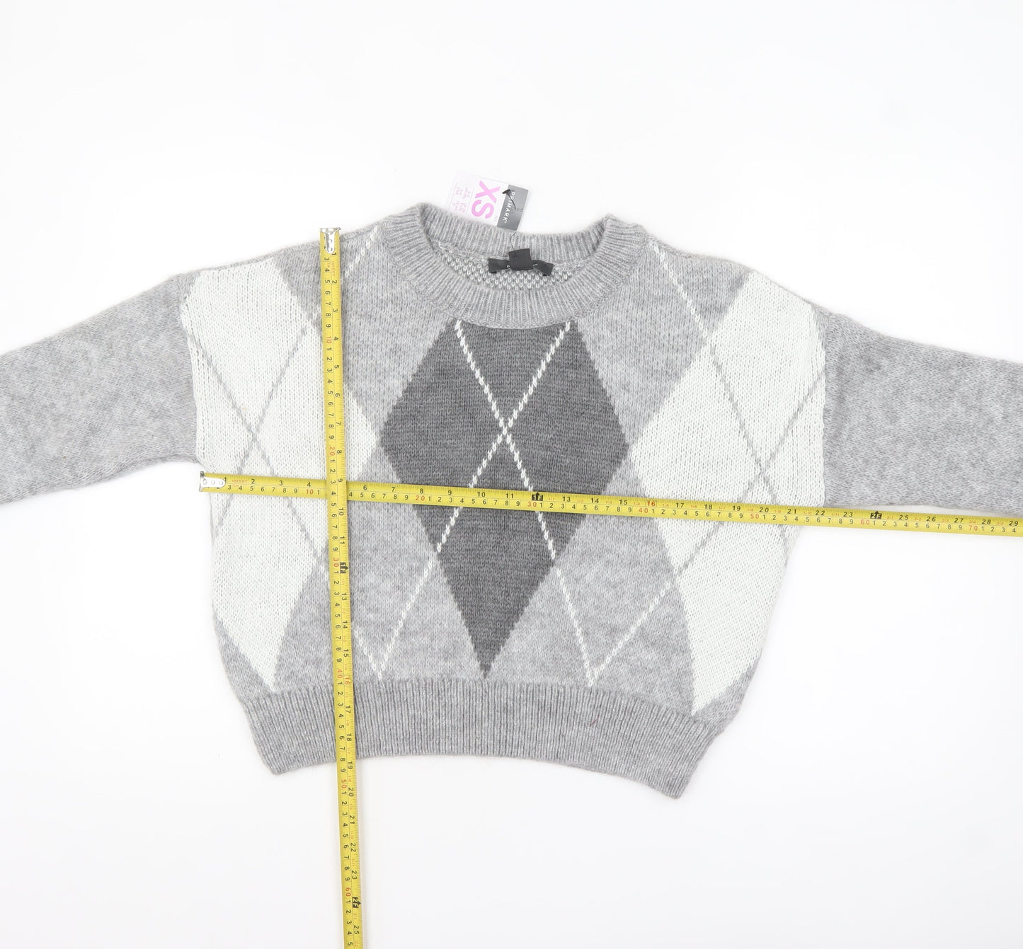 Primark Women’s Grey Argyle Knit Crew Neck Jumper XS