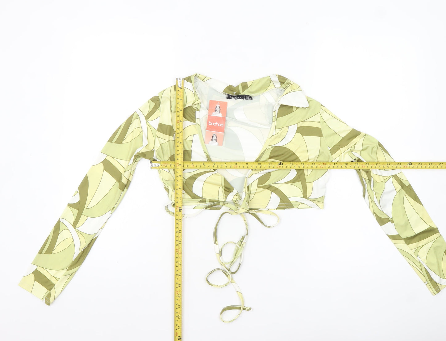 Boohoo Women's Green Geometric Cropped Tie Blouse UK 12