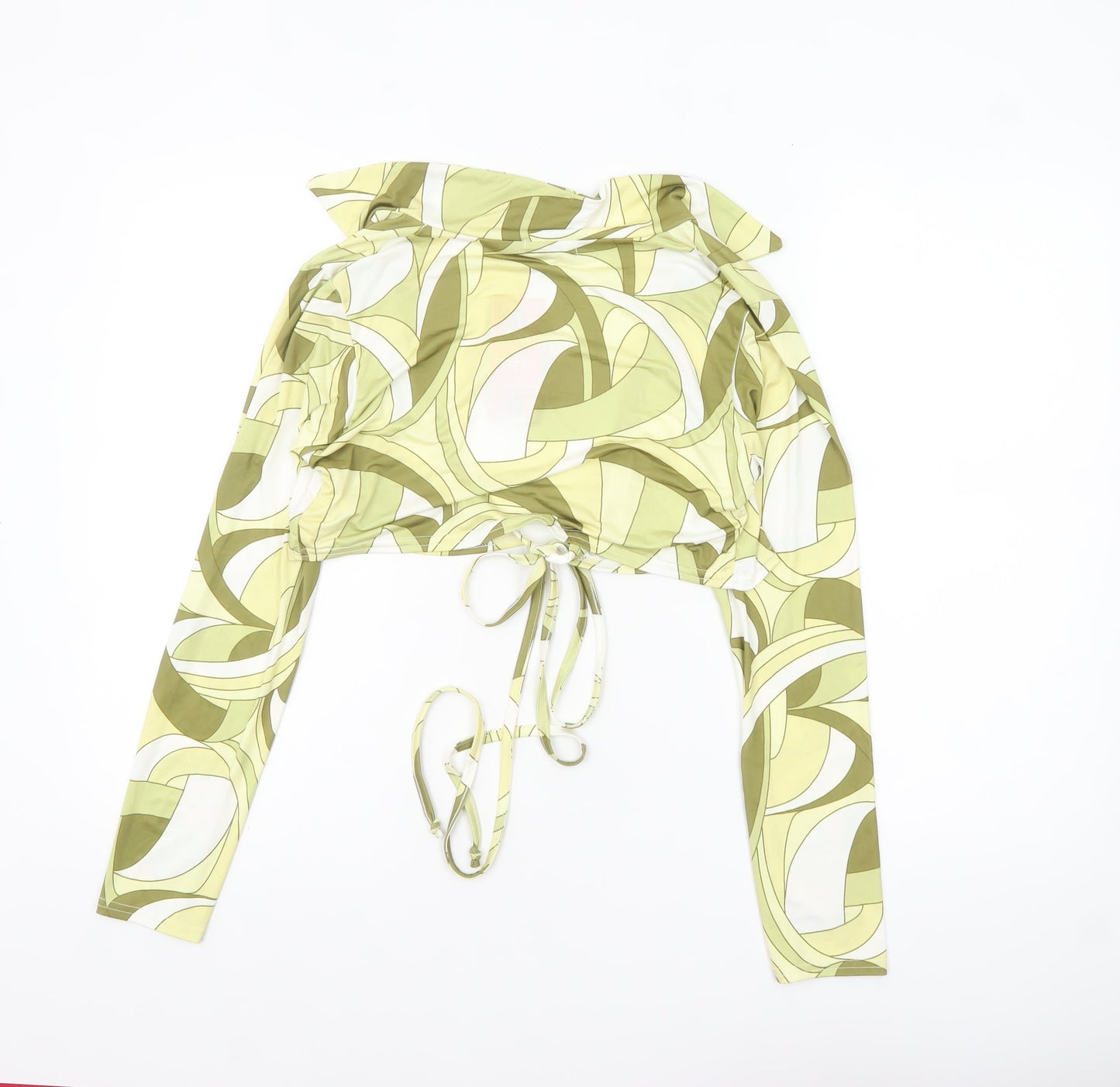 Boohoo Women's Green Geometric Cropped Tie Blouse UK 12