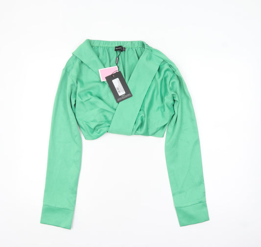 PrettyLittleThing Women’s Green Cropped Long Sleeve V-Neck Blouse UK 4