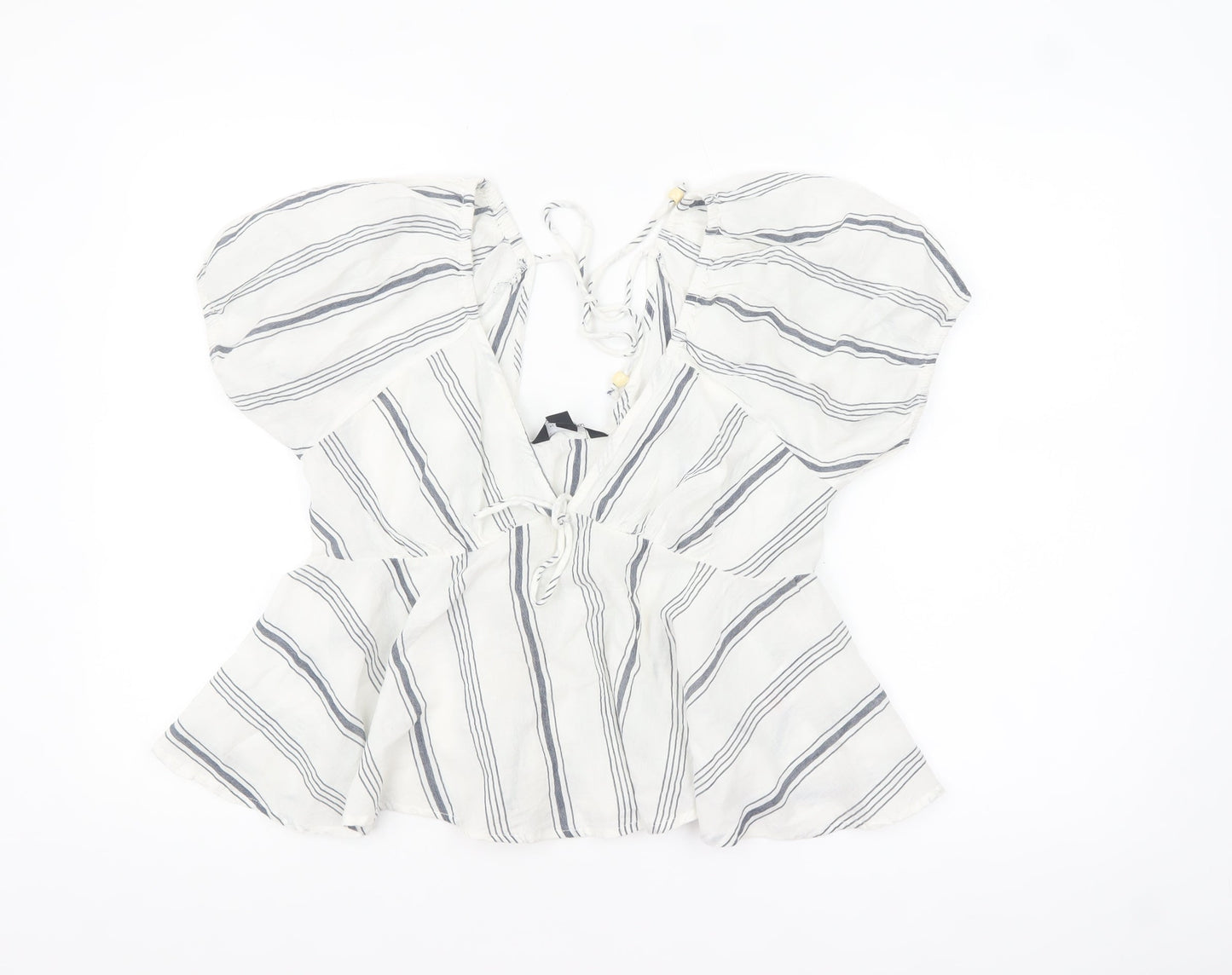 New Look Women White Striped Cotton Cropped Blouse Size 14