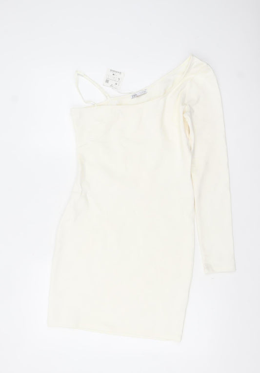 Zara Women Ivory One Shoulder Bodycon Dress Size L