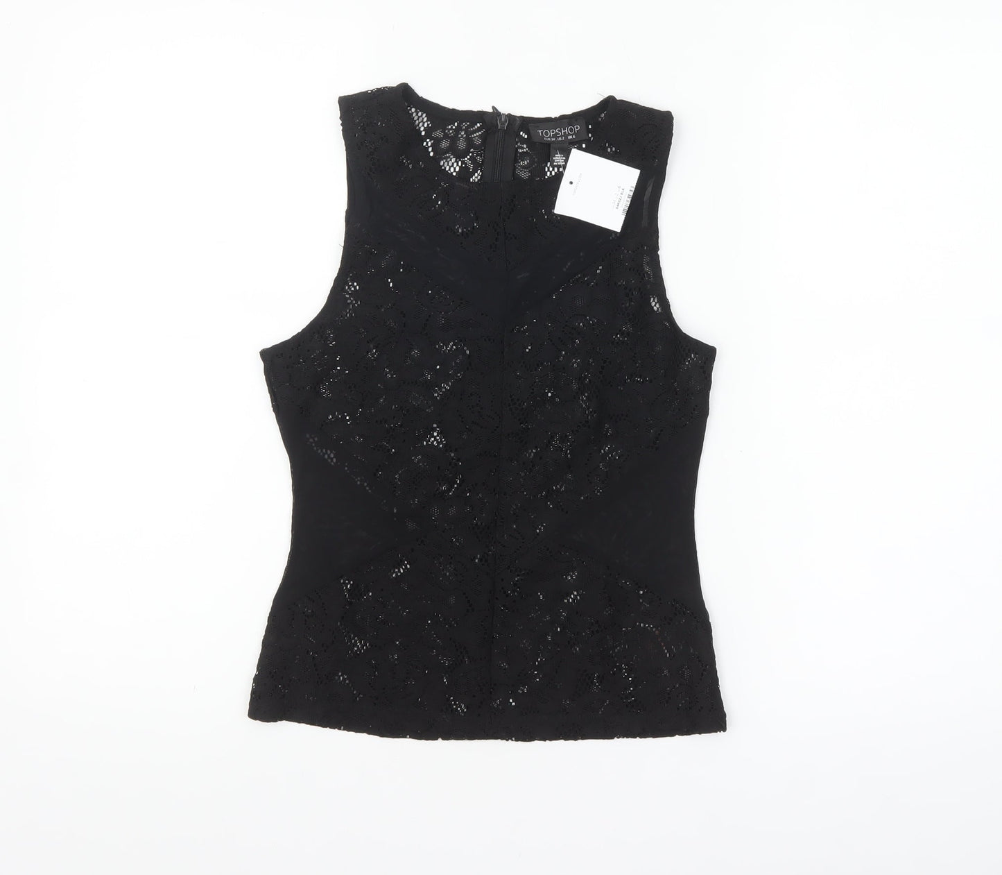 Topshop Women's Black Lace Sleeveless Blouse UK 6 Elegant Zip Back