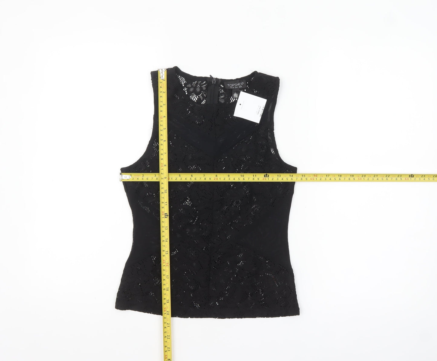 Topshop Women's Black Lace Sleeveless Blouse UK 6 Elegant Zip Back