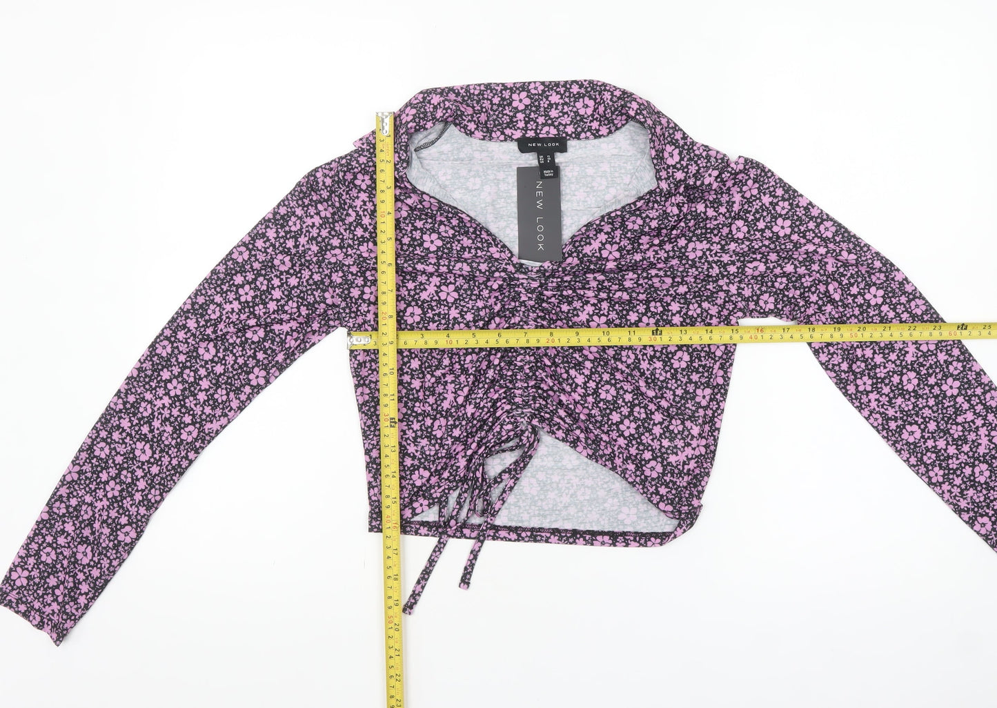 New Look Women’s Floral Collared Cropped Blouse Size 12 Black Pink