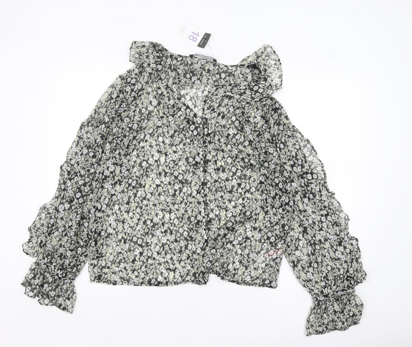 Primark Women’s Black Floral Chiffon Ruffle Blouse Size 18