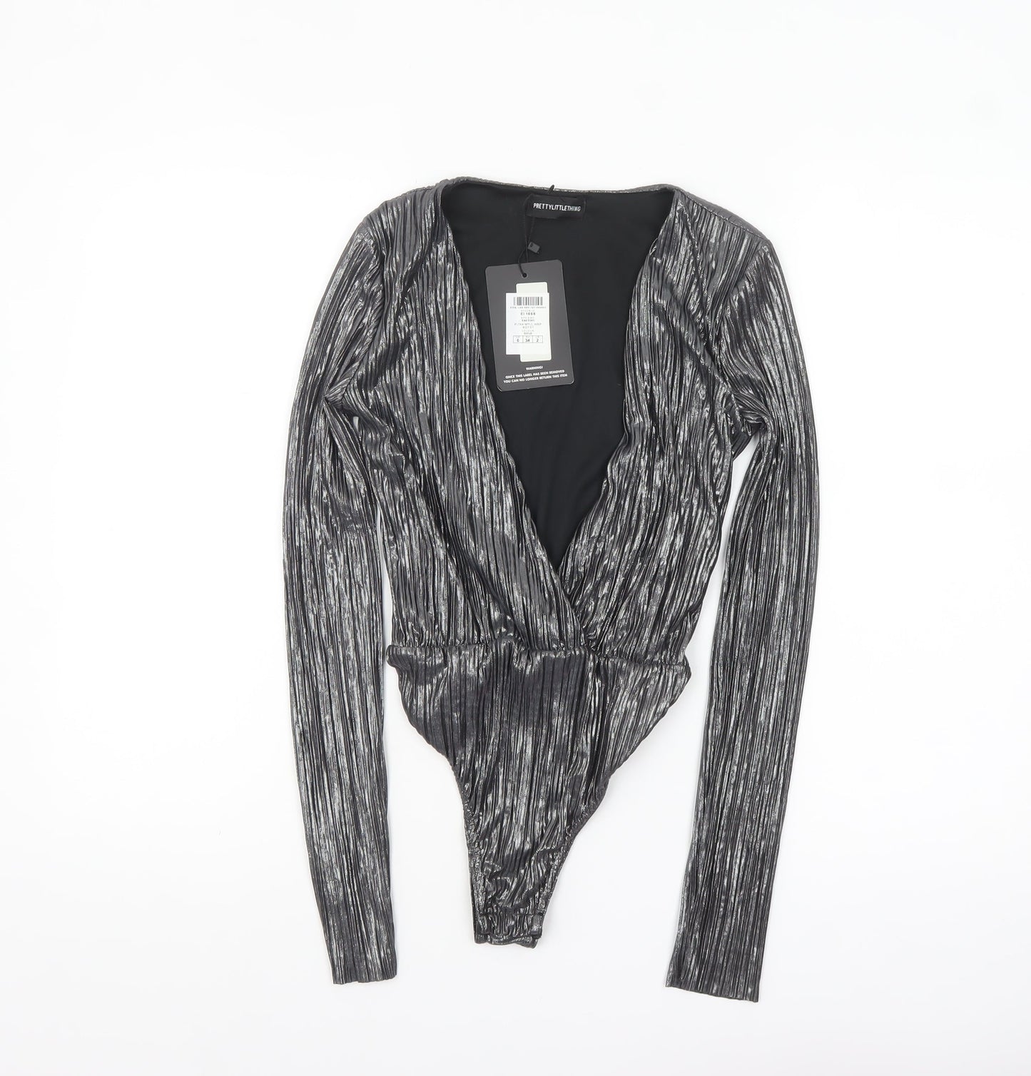 PrettyLittleThing Women Silver Metallic Long Sleeve Bodysuit Size 6