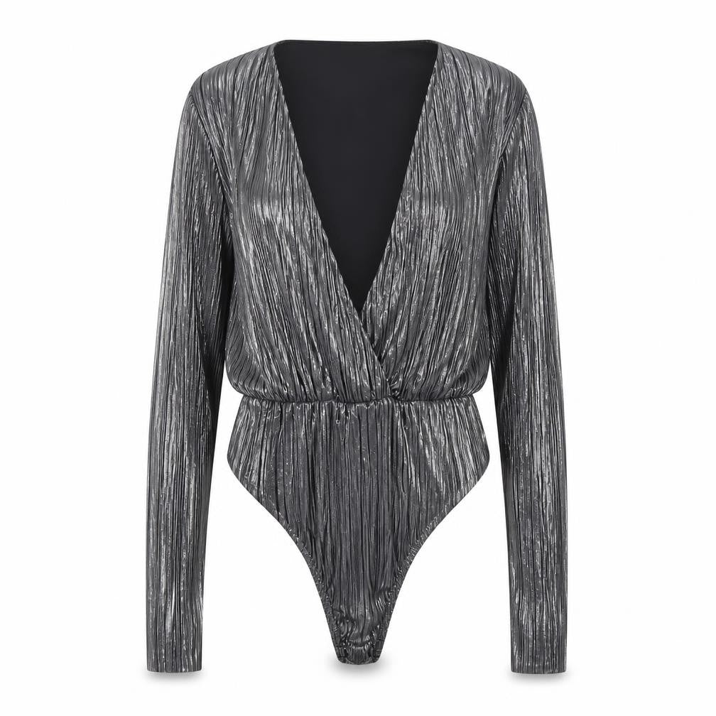 PrettyLittleThing Women Silver Metallic Long Sleeve Bodysuit Size 6
