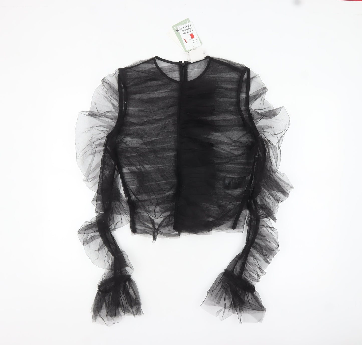 H&M Women’s Black Sheer Ruffle Mesh Long Sleeve Blouse Size 10