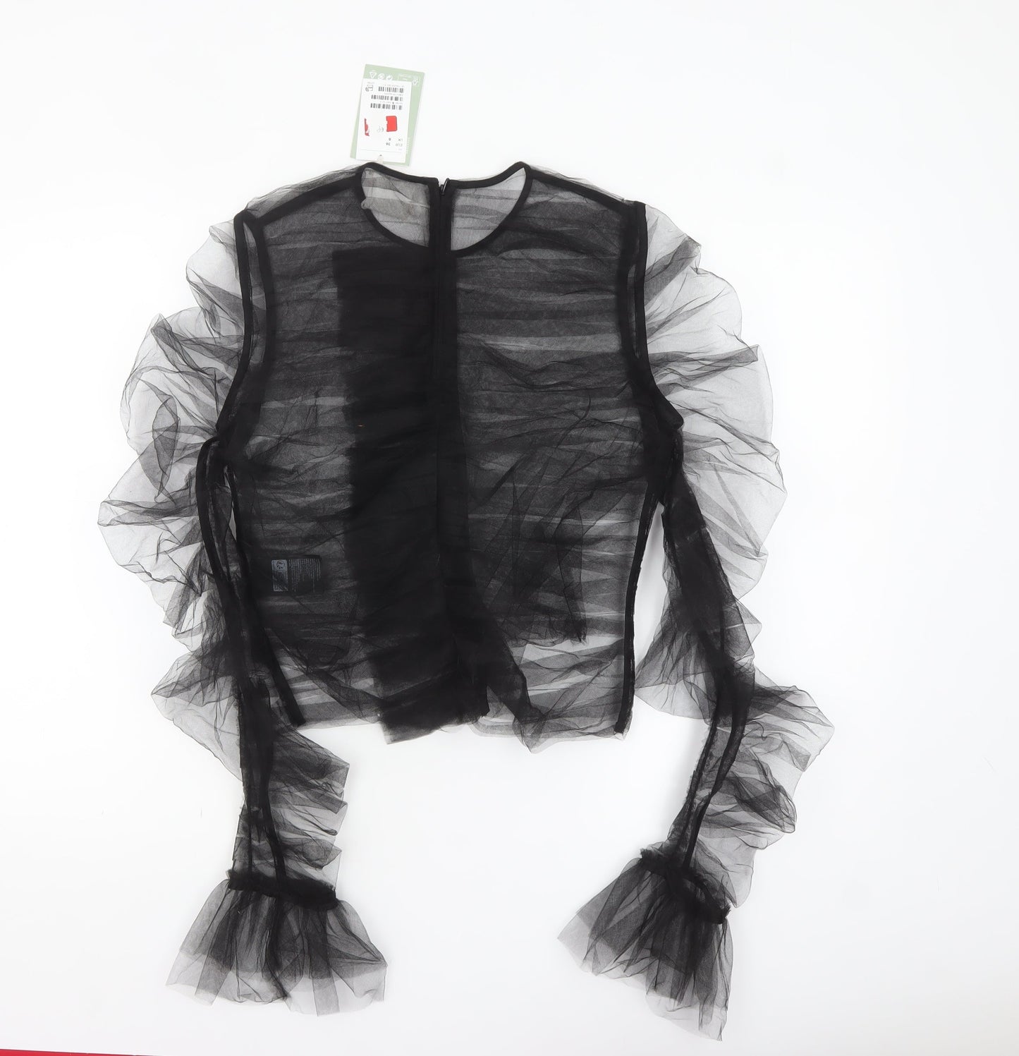 H&M Women’s Black Sheer Ruffle Mesh Long Sleeve Blouse Size 10